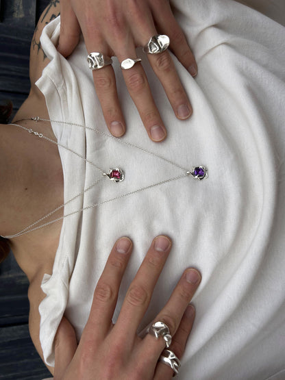 Chloe Necklace handmade in 925 Sterling Silver with natural Pink Topaz and Amethyst worn with rings by BÚMBUNER
