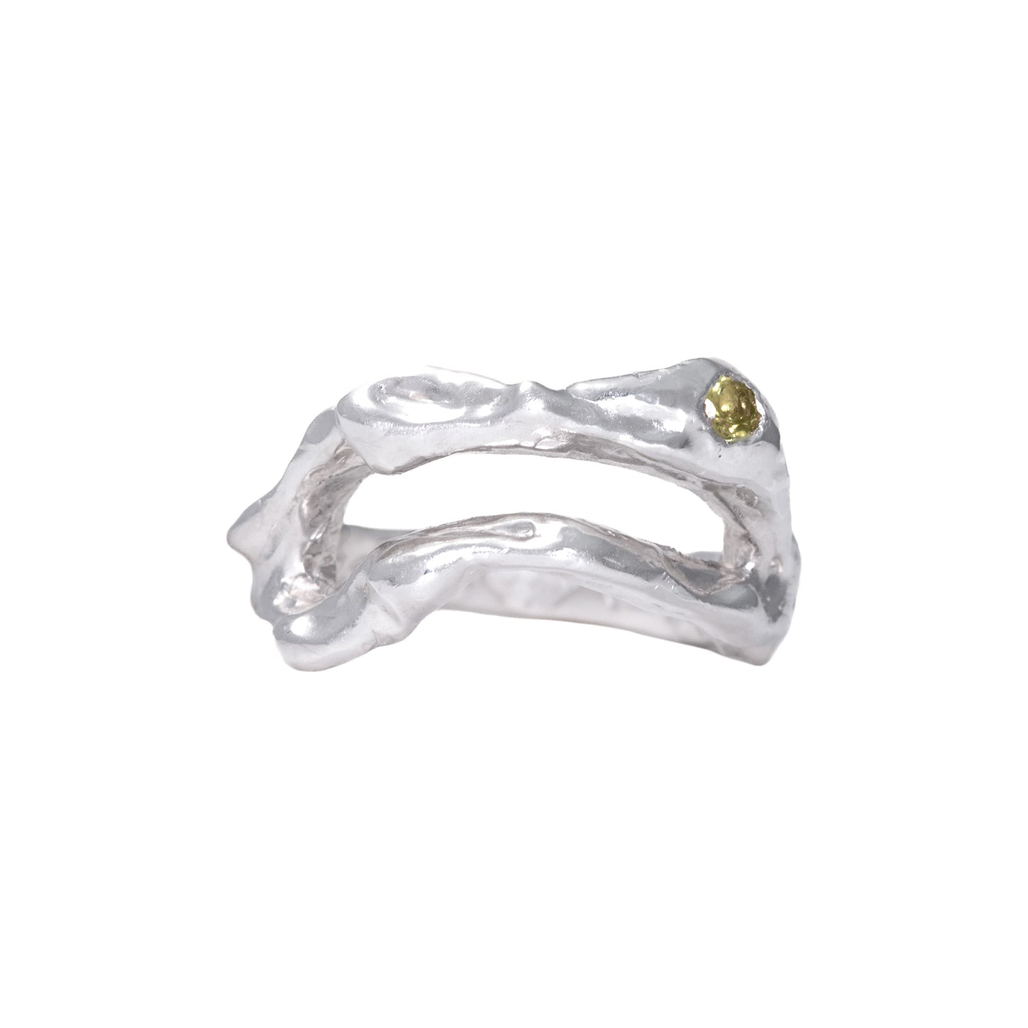 Meta Ring front view handmade in 925 Sterling Silver with natural Green Tourmalines by BÚMBUNER
