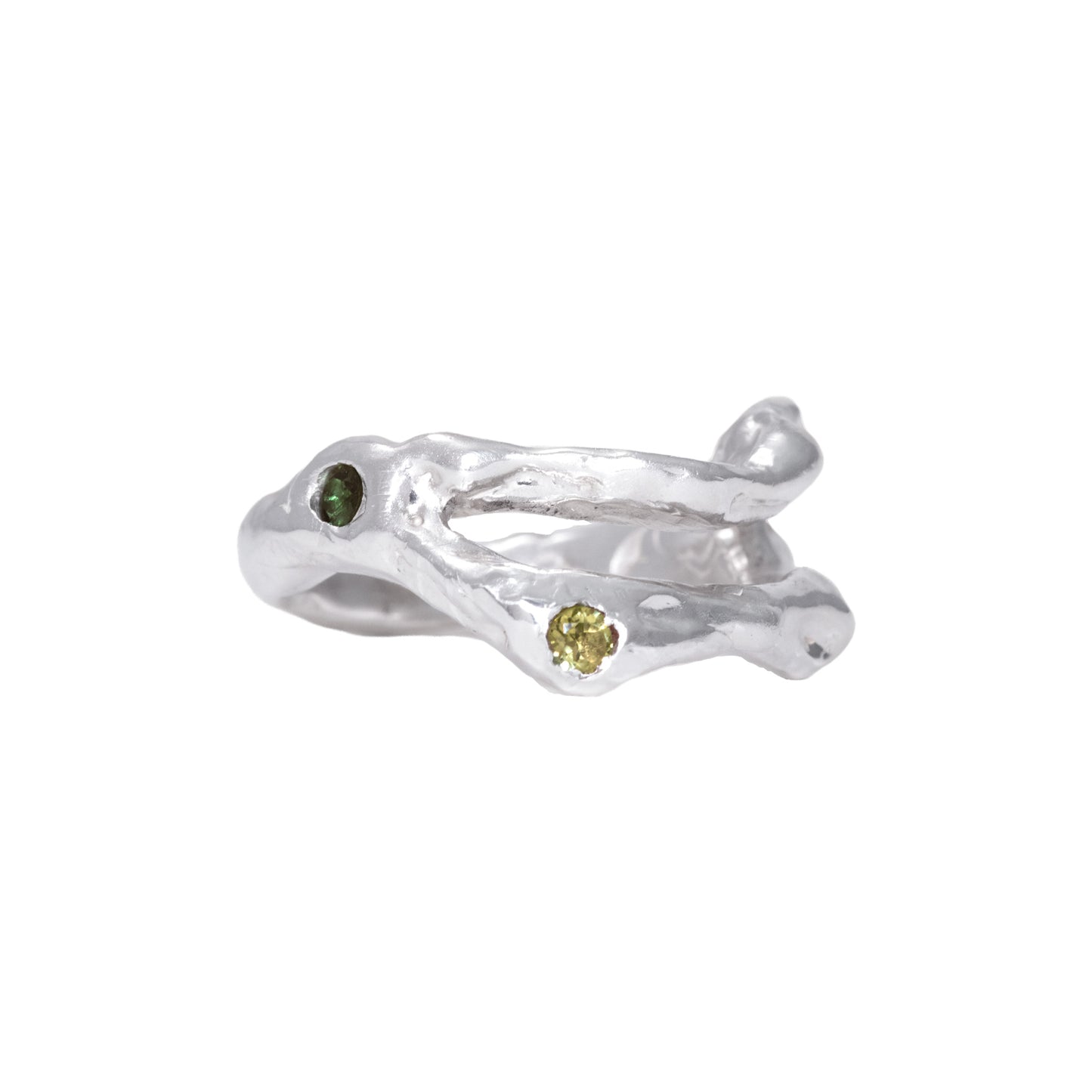 Meta Ring side view handmade in 925 Sterling Silver with natural Green Tourmalines by BÚMBUNER
