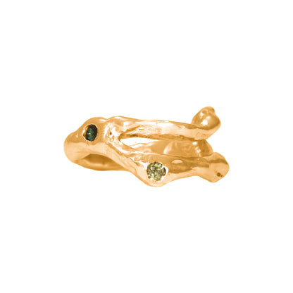 Meta Ring side view 18k gold-plated with natural Green Tourmalines by BÚMBUNER
