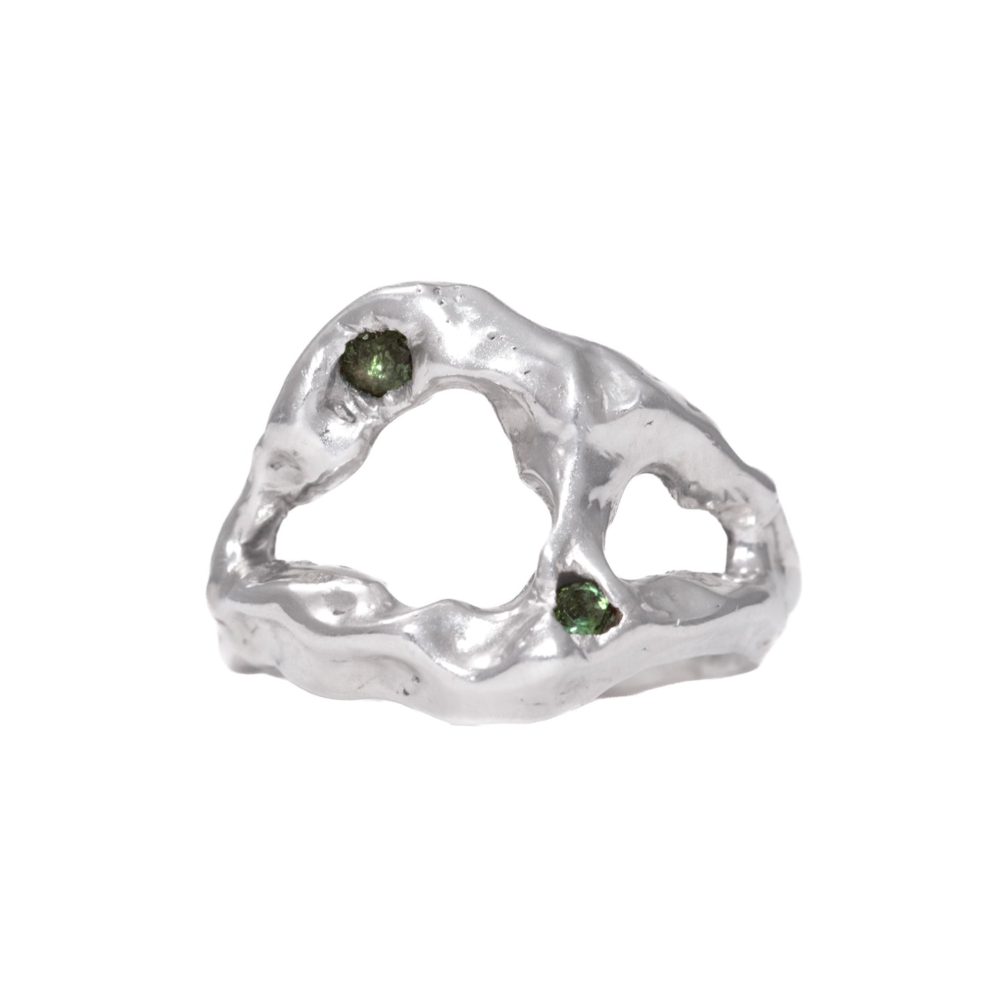 Morfo Ring front view handmade in 925 Sterling Silver with natural Green Tourmalines by BÚMBUNER
