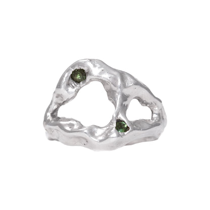 Morfo Ring front view handmade in 925 Sterling Silver with natural Green Tourmalines by BÚMBUNER
