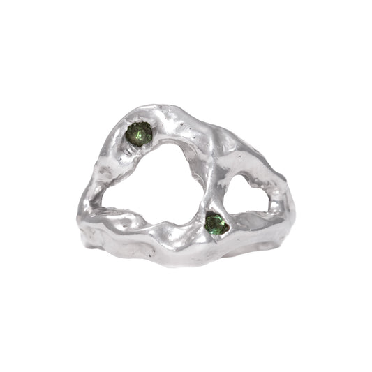 Morfo Ring front view handmade in 925 Sterling Silver with natural Green Tourmalines by BÚMBUNER
