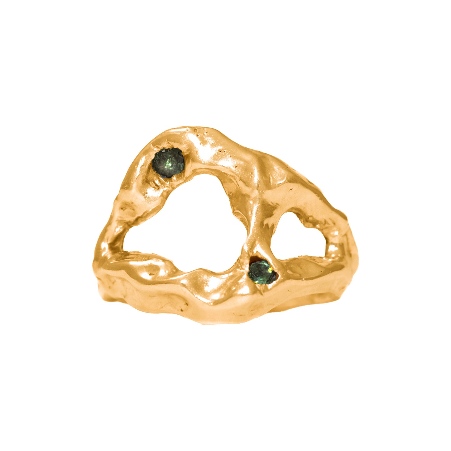 Morfo Ring front view 18k gold-plated with natural Green Tourmalines by BÚMBUNER
