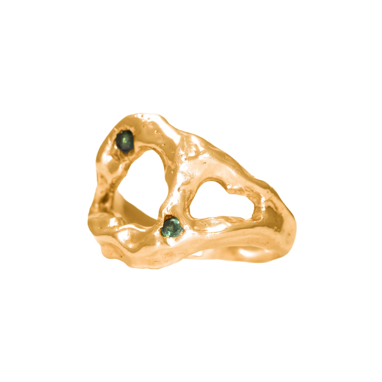 Morfo Ring side view 18k gold-plated with natural Green Tourmalines by BÚMBUNER
